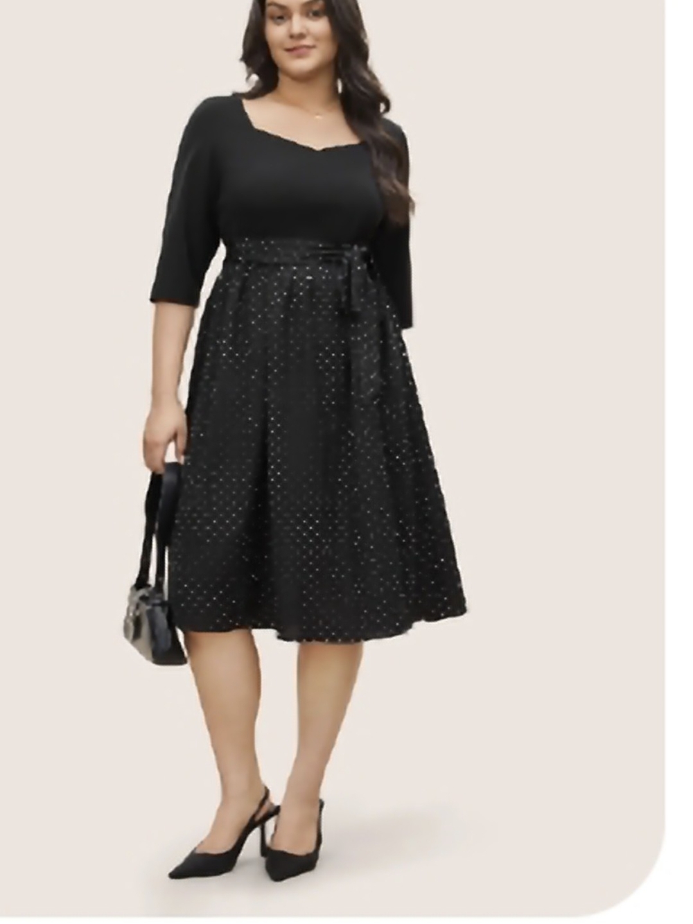 BloomChic Black Midi Dress with Polka-Dot Skirt
